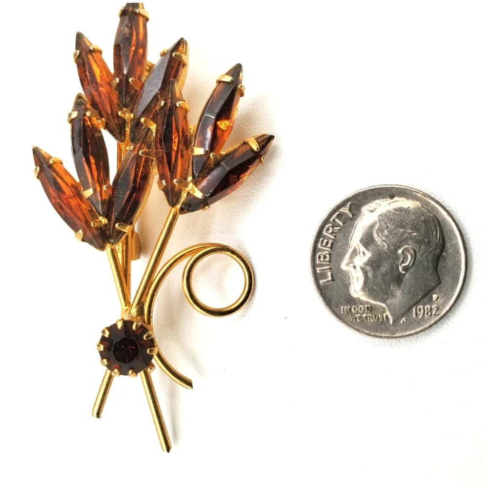 Vintage Amber Colored Rhinestone Floral Spray Quality Pin Brooch